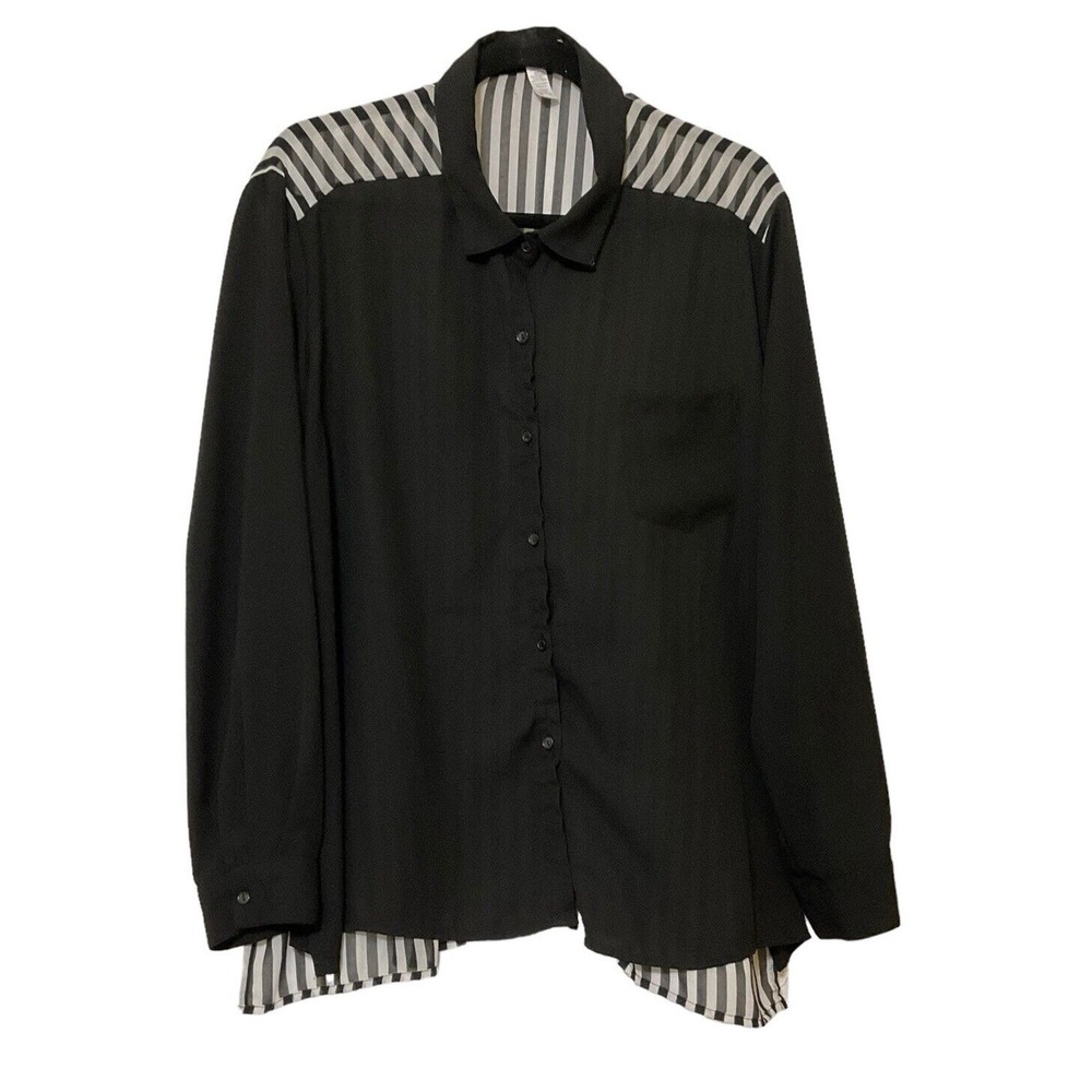 Ambiance Apparel Woman’s Semi Shear Black Striped Blouse Size 3X Button Down